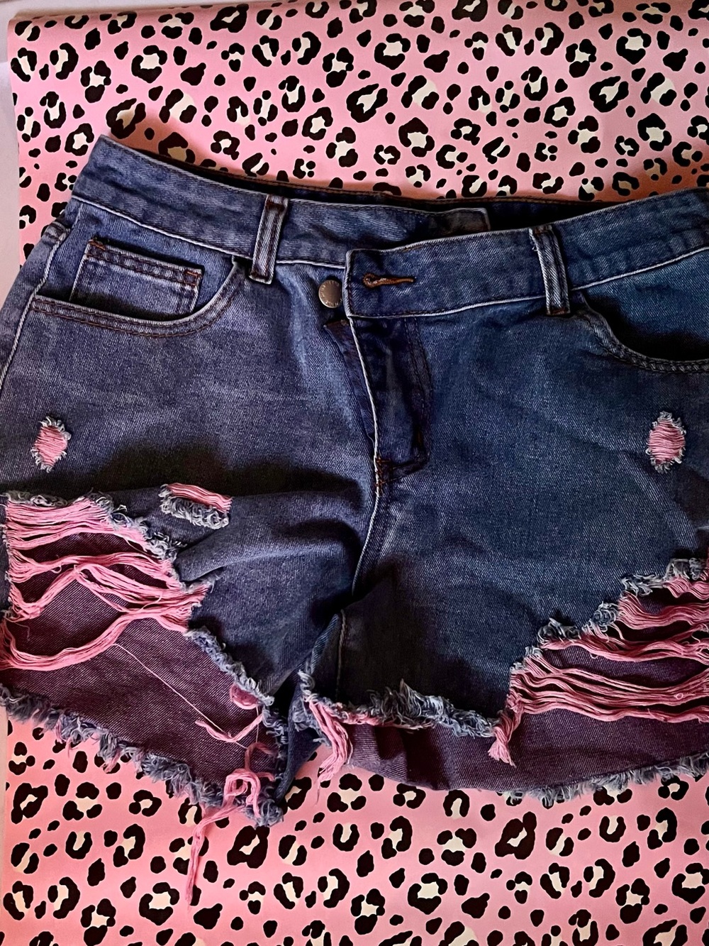SHEIN Dark Blue Distressed Denim Shorts with Pink Fringe